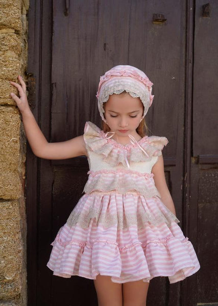 Ela Confeccion SS25 Spanish Girls Pink & Cream Striped Summer Dress Set ~ MADE TO ORDER