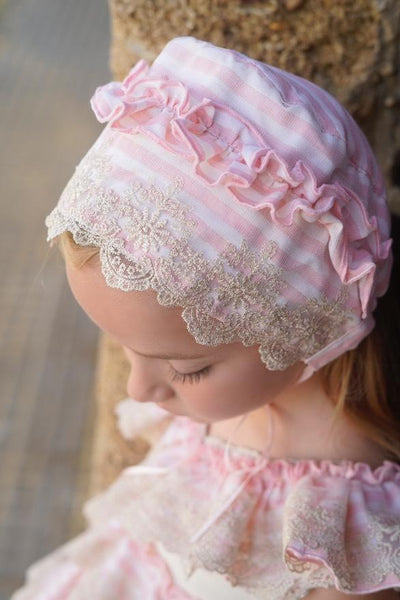 Ela Confeccion SS25 Spanish Girls Pink & Cream Striped Summer Dress Set ~ MADE TO ORDER
