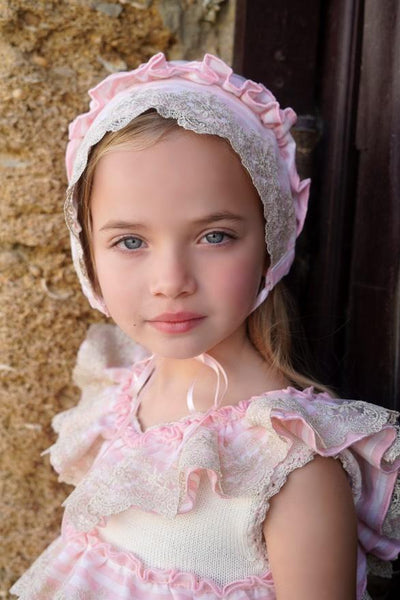 Ela Confeccion SS25 Spanish Girls Pink & Cream Striped Summer Dress Set ~ MADE TO ORDER