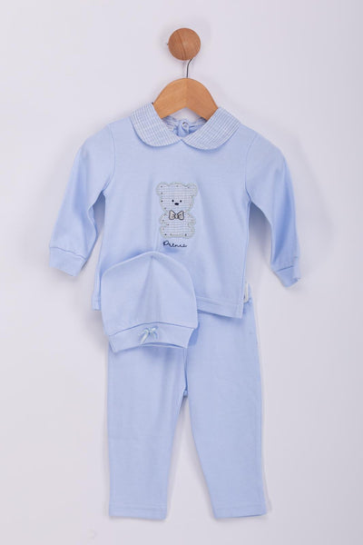 Traditional Baby Boys Blue Cotton Teddy Bear 3pc Cotton Set ~ 0-9m