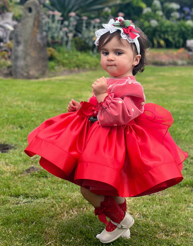 Sonata infantil AW24 Spanish Girls Red Satin Puffball Dress IN2436 - MADE TO ORDER