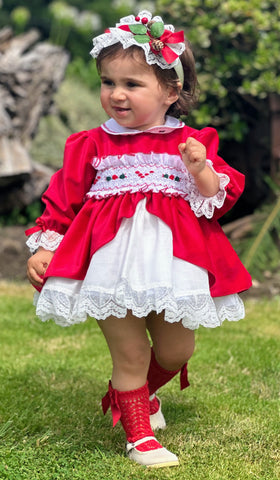 Sonata infantil AW24 Spanish Girls Red Smocked Puffball Dress IN2437 - MADE TO ORDER