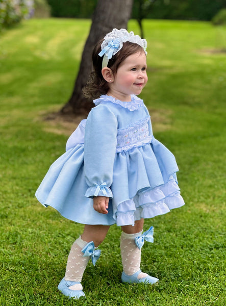 Sonata infantil AW24 Spanish Girls Blue Smocked Puffball Dress IN2440 - MADE TO ORDER