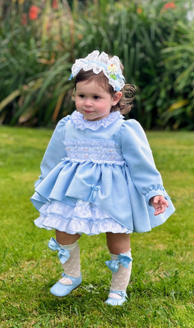 Sonata infantil AW24 Spanish Girls Blue Smocked Puffball Dress IN2440 - MADE TO ORDER