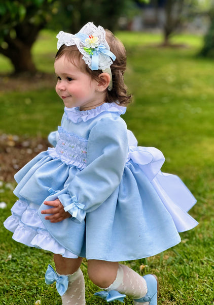 Sonata infantil AW24 Spanish Girls Blue Smocked Puffball Dress IN2440 - MADE TO ORDER