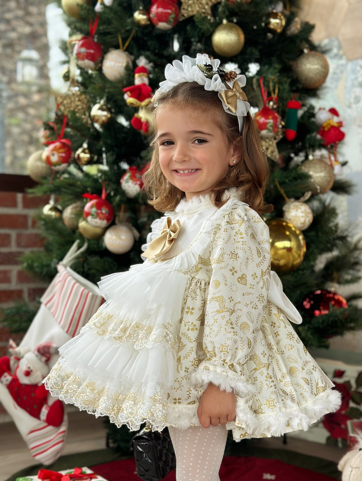 Sonata AW24 Spanish Girls Cream & Gold Reindeer Christmas Dress - MADE TO ORDER