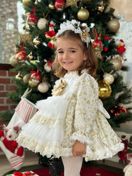 Sonata AW24 Spanish Girls Cream & Gold Reindeer Christmas Dress NA2403 - MADE TO ORDER