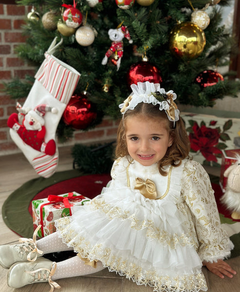 Sonata AW24 Spanish Girls Cream & Gold Reindeer Christmas Dress NA2403 - MADE TO ORDER