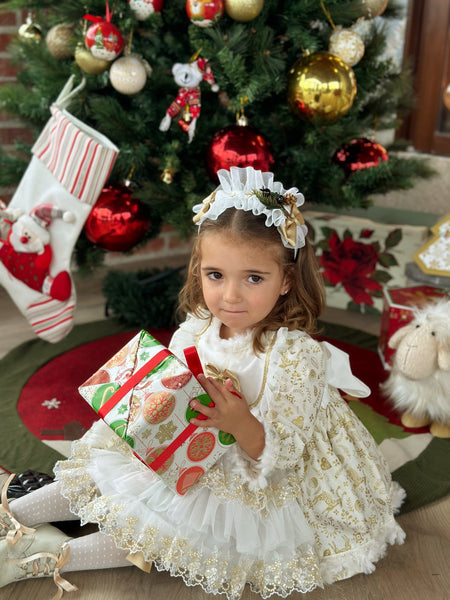 Sonata AW24 Spanish Girls Cream & Gold Reindeer Christmas Dress - MADE TO ORDER