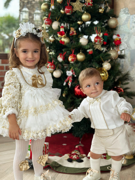 Sonata AW24 Spanish Girls Cream & Gold Reindeer Christmas Dress - MADE TO ORDER