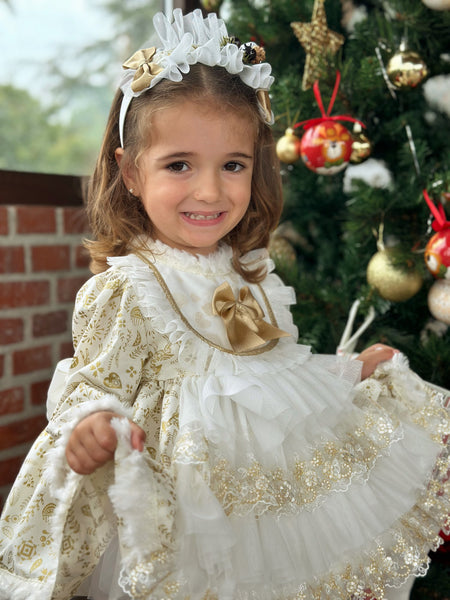 Sonata AW24 Spanish Girls Cream & Gold Reindeer Christmas Dress NA2403 - MADE TO ORDER