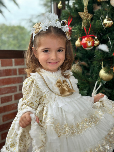 Sonata AW24 Spanish Girls Cream & Gold Reindeer Christmas Dress NA2403 - MADE TO ORDER