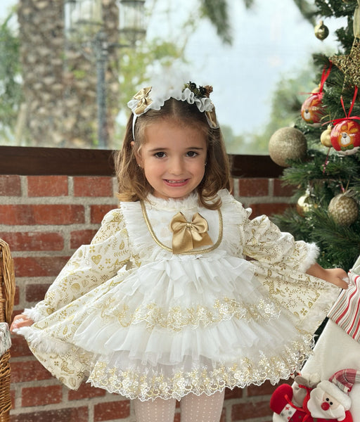 Sonata AW24 Spanish Girls Cream & Gold Reindeer Christmas Dress - MADE TO ORDER