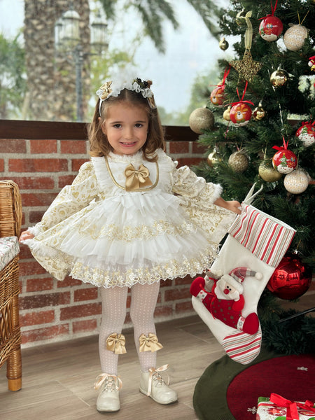 Sonata AW24 Spanish Girls Cream & Gold Reindeer Christmas Dress NA2403 - MADE TO ORDER