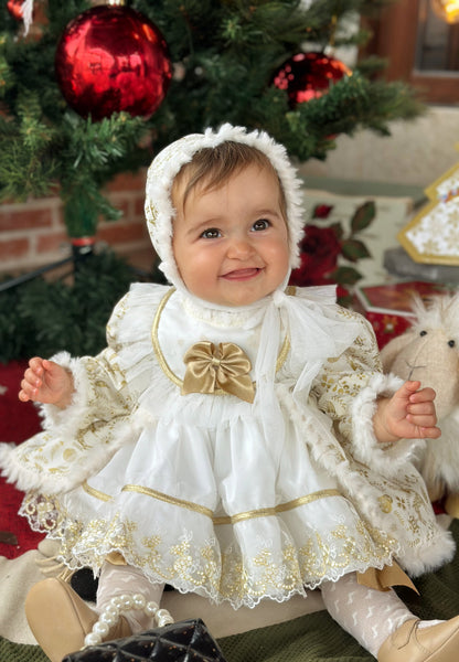 Sonata AW24 Spanish Girls Cream & Gold Reindeer Christmas Dress NA2404 - MADE TO ORDER