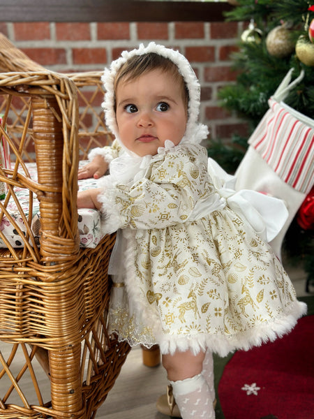 Sonata AW24 Spanish Girls Cream & Gold Reindeer Christmas Dress NA2404 - MADE TO ORDER