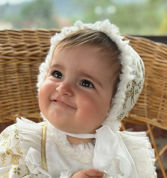 Sonata Infantil AW24 Spanish Girls Cream & Gold Christmas Bonnet - MADE TO ORDER