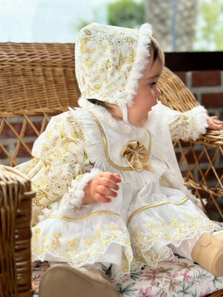 Sonata AW24 Spanish Girls Cream & Gold Reindeer Christmas Dress NA2404 - MADE TO ORDER