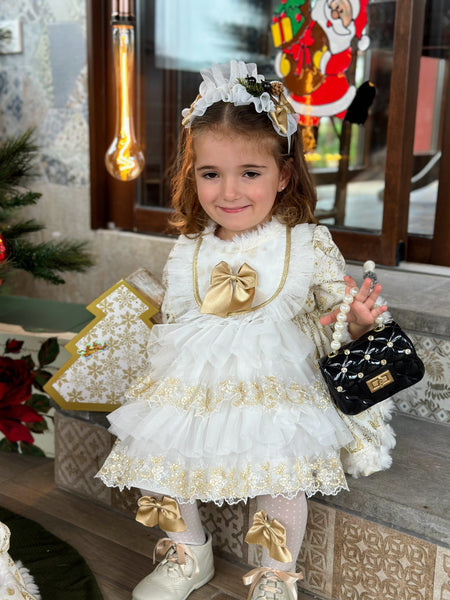 Sonata AW24 Spanish Girls Cream & Gold Reindeer Christmas Dress NA2403 - MADE TO ORDER