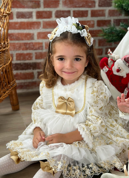 Sonata AW24 Spanish Girls Cream & Gold Reindeer Christmas Dress - MADE TO ORDER