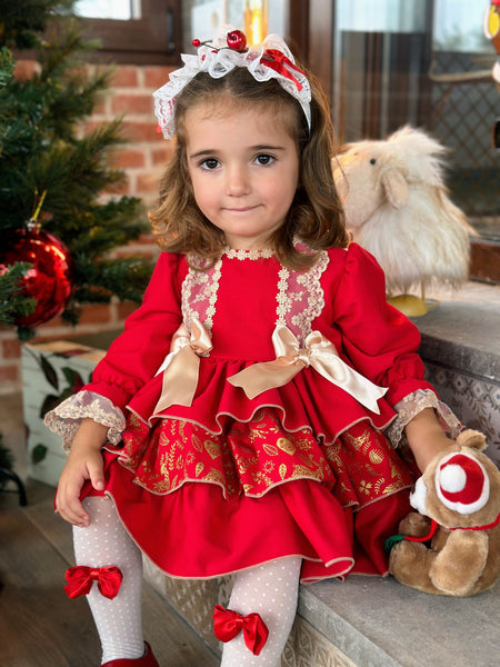 Sonata AW24 Spanish Girls Red & Gold Christmas Print Puffball Dress - MADE TO ORDER