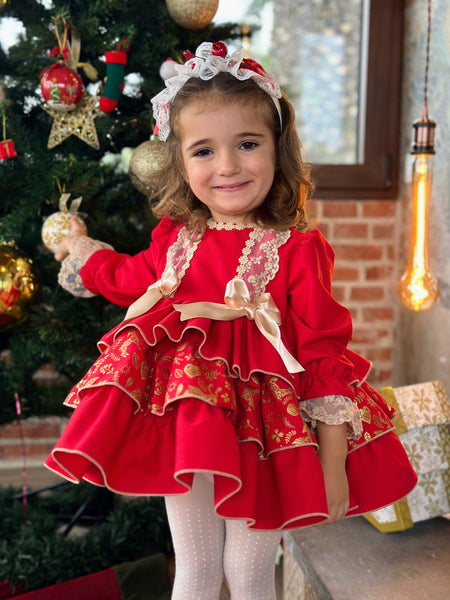 Sonata AW24 Spanish Girls Red & Gold Christmas Print Puffball Dress - MADE TO ORDER