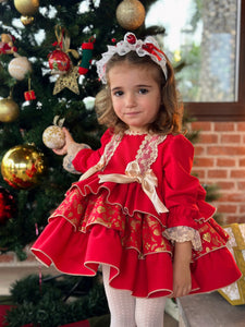 Sonata AW24 Spanish Girls Red & Gold Christmas Print Puffball Dress - MADE TO ORDER