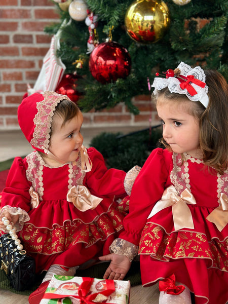 Sonata AW24 Spanish Girls Red & Gold Christmas Print Puffball Dress - MADE TO ORDER