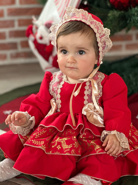 Sonata AW24 Spanish Girls Red & Gold Christmas Print Puffball Dress - MADE TO ORDER