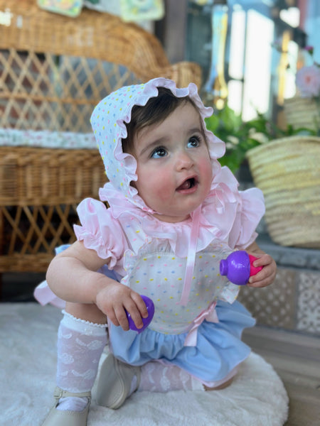 Sonata Infantil SS25 Spanish Girls Pink & Blue Plumeti Skort & Blouse VE2510 ~ MADE TO ORDER