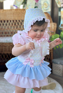 Sonata Infantil SS25 Spanish Girls Pink & Blue Plumeti Skort & Blouse VE2510 ~ MADE TO ORDER