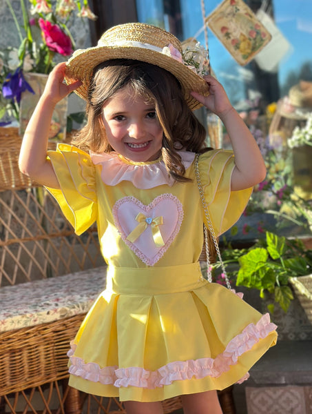 Sonata Infantil SS25 Spanish Girls Yellow & Pink Heart Blouse & Skirt Set VE2519 ~ MADE TO ORDER