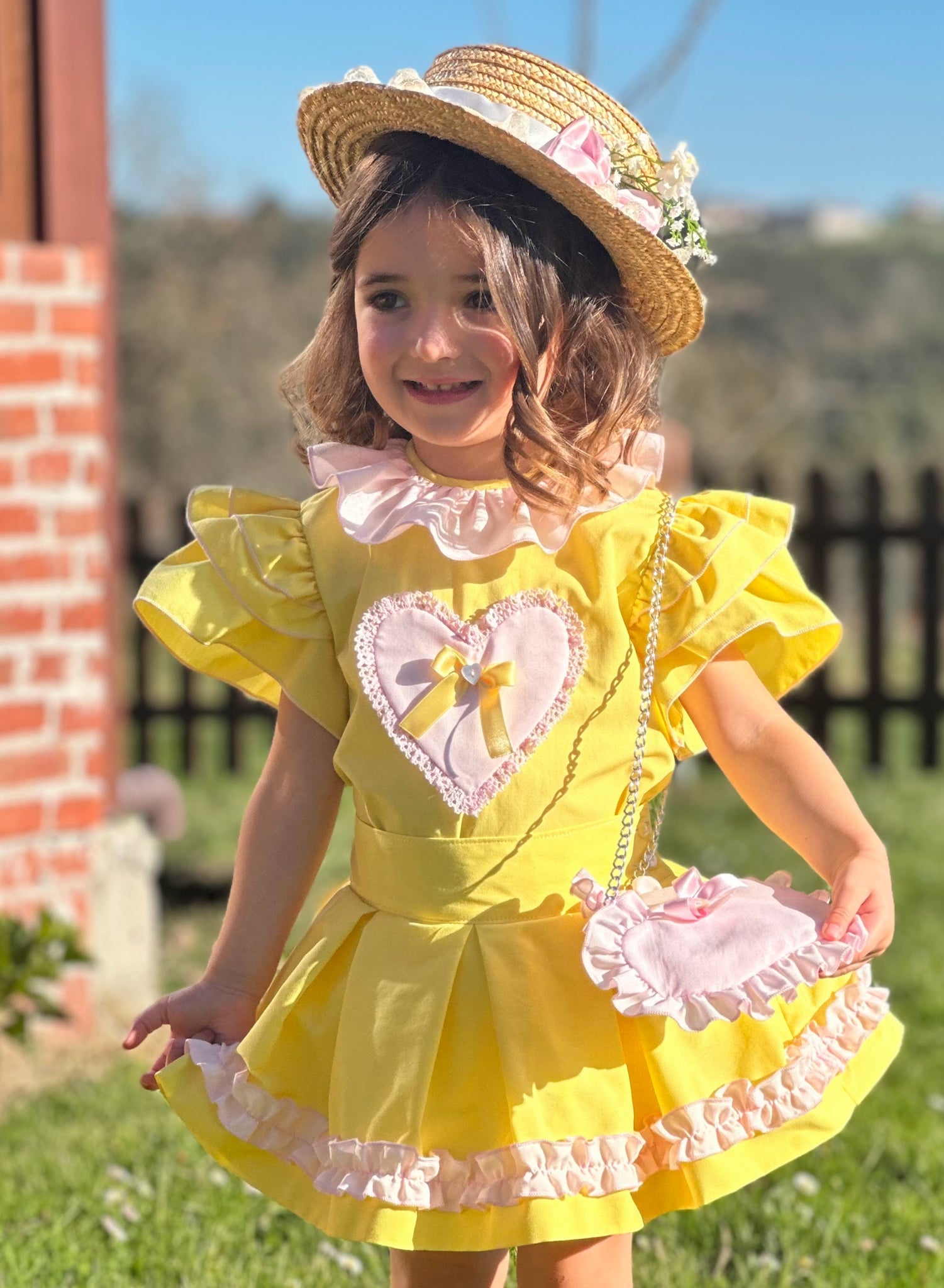 Sonata Infantil SS25 Spanish Girls Yellow & Pink Heart Blouse & Skirt Set VE2519 ~ MADE TO ORDER