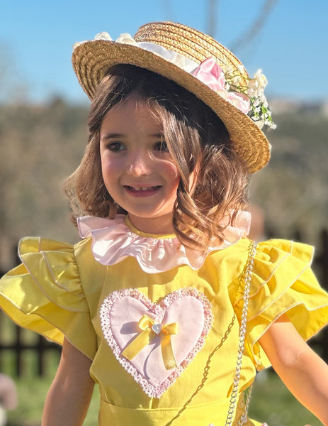 Sonata Infantil SS25 Spanish Girls Yellow & Pink Heart Blouse & Skirt Set VE2519 ~ MADE TO ORDER