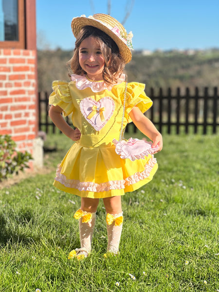 Sonata Infantil SS25 Spanish Girls Yellow & Pink Heart Blouse & Skirt Set VE2519 ~ MADE TO ORDER