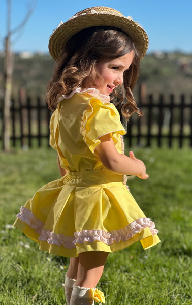 Sonata Infantil SS25 Spanish Girls Yellow & Pink Heart Blouse & Skirt Set VE2519 ~ MADE TO ORDER
