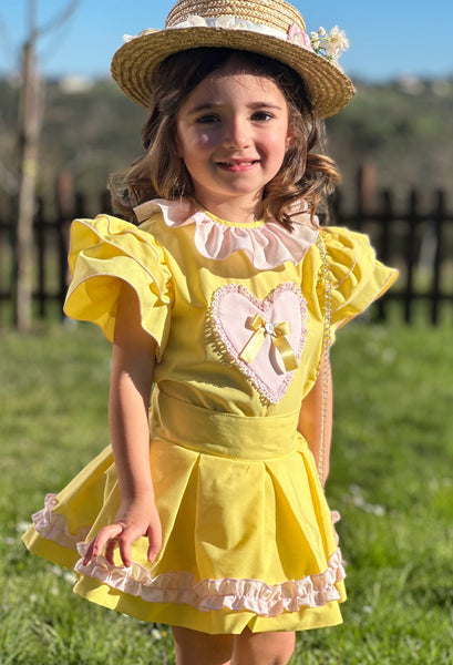 Sonata Infantil SS25 Spanish Girls Yellow & Pink Heart Blouse & Skirt Set VE2519 ~ MADE TO ORDER