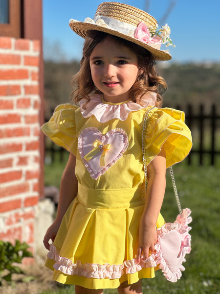 Sonata Infantil SS25 Spanish Girls Yellow & Pink Heart Blouse & Skirt Set VE2519 ~ MADE TO ORDER
