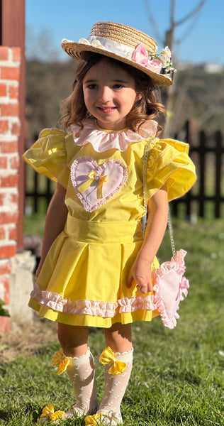 Sonata Infantil SS25 Spanish Girls Yellow & Pink Heart Blouse & Skirt Set VE2519 ~ MADE TO ORDER