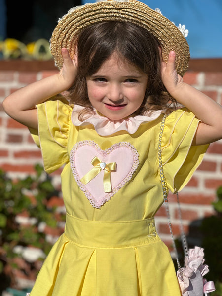 Sonata Infantil SS25 Spanish Girls Yellow & Pink Heart Blouse & Skirt Set VE2519 ~ MADE TO ORDER