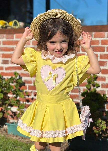 Sonata Infantil SS25 Spanish Girls Yellow & Pink Heart Blouse & Skirt Set VE2519 ~ MADE TO ORDER