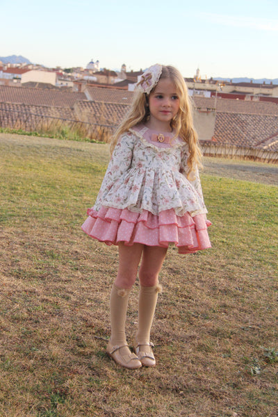 La Amapola Spanish Girls Pink Floral Carmen Puffball Dress - IN STOCK NOW