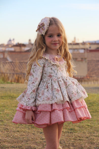 La Amapola Spanish Girls Pink Floral Carmen Puffball Dress - IN STOCK NOW