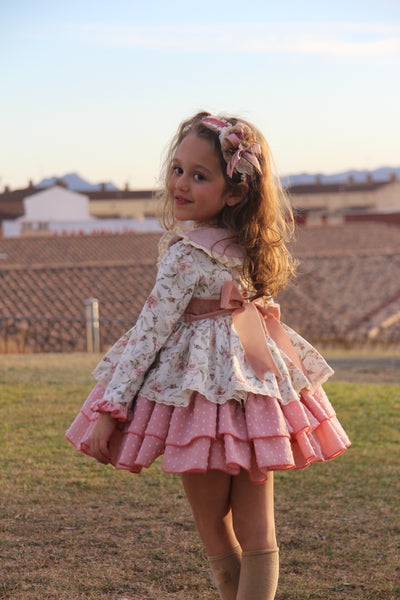 La Amapola Spanish Girls Pink Floral Carmen Puffball Dress - IN STOCK NOW