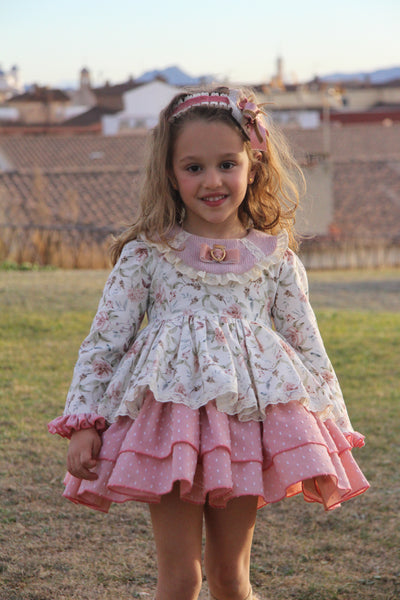 La Amapola Spanish Girls Pink Floral Carmen Puffball Dress - IN STOCK NOW