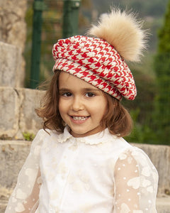 Sonata Infantil Spanish Unisex Red & Camel Houndstooth Pom Pom Beret - 3Y - IN STOCK NOW