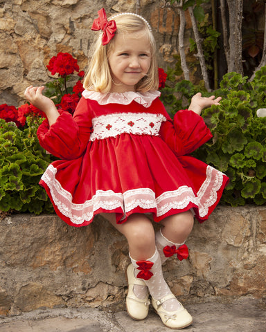 Sonata Infantil Spanish Girls Red Smocked Puffball Dress & Hairclip IN2343 - MADE TO ORDER