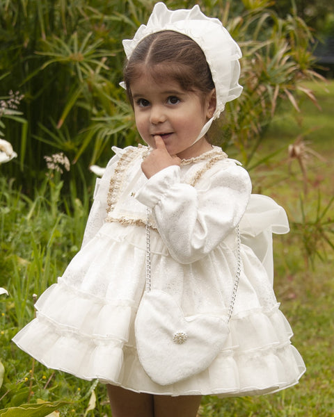 Sonata Infantil AW24 Spanish Girls Cream & Gold Puffball Dress IN2412 - MADE TO ORDER