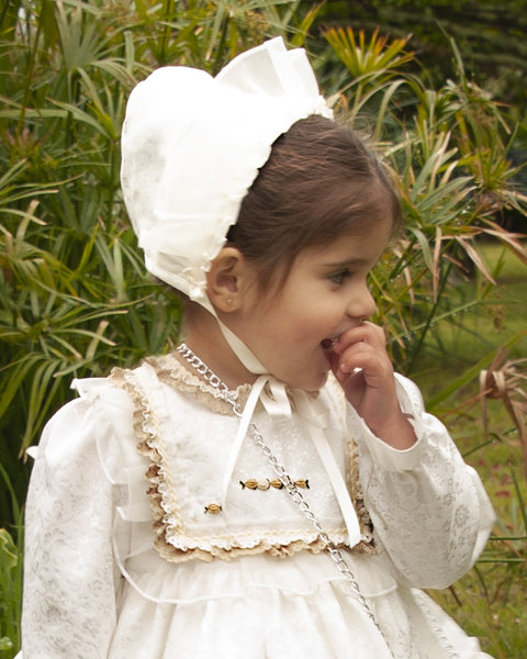 Sonata Infantil AW24 Spanish Girls Cream & Gold Puffball Dress IN2412 - MADE TO ORDER