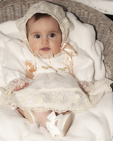 Sonata Infantil AW24 Spanish Girls Cream & Gold Lace Puffball Dress & Pants IN2421 - MADE TO ORDER